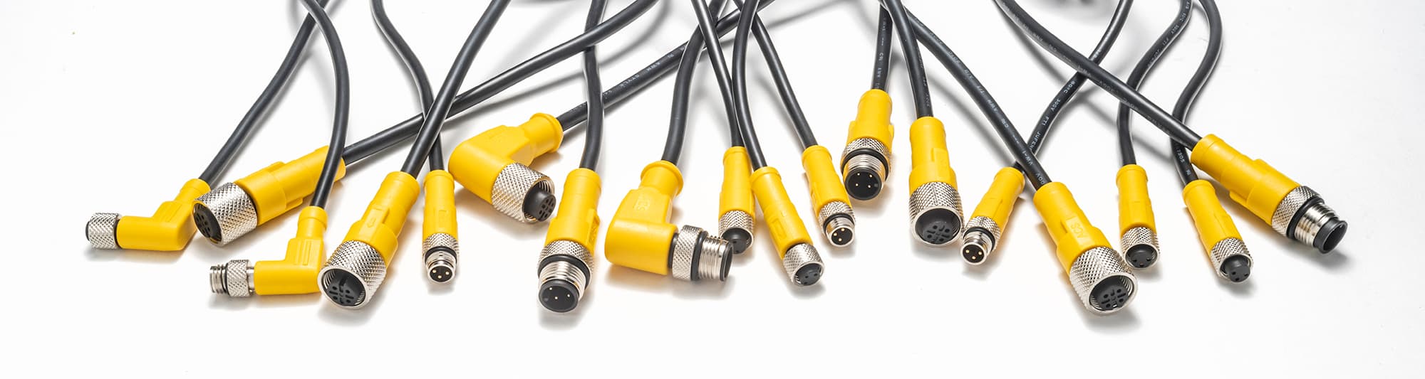 A fan of ACS yellow M8 and M12 cordsets with straight and right-angle terminations